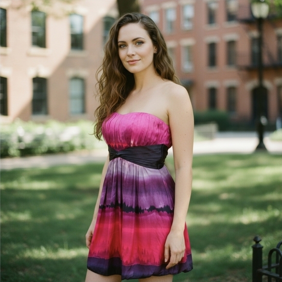 Bebe Silk Strapless Ombre Dress ✦ Pink Black Gradient Bubble Hem ✦ Sweetheart S - Picture 2 of 16